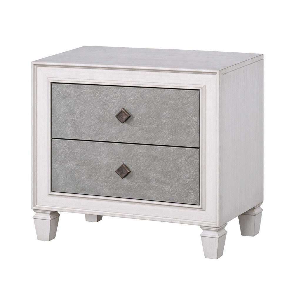 King Bedroom Set, Gray White, 5pc w 2 Nightstands, Dresser, Mirror
