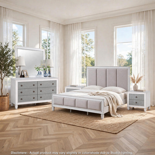 King Bedroom Set, Gray White, 5pc w 2 Nightstands, Dresser, Mirror