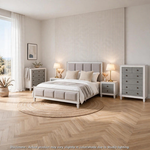 King Bedroom Set, Gray White, 5pc w 2 Nightstands, Dresser, Chest