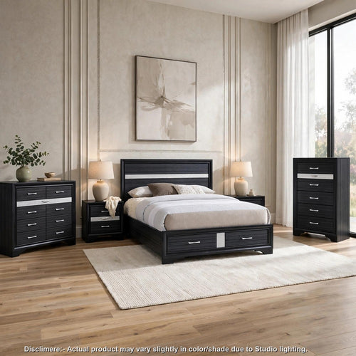 Queen Bedroom Set, Black Gray, 5pc w 2 Nightstands, Dresser, Chest