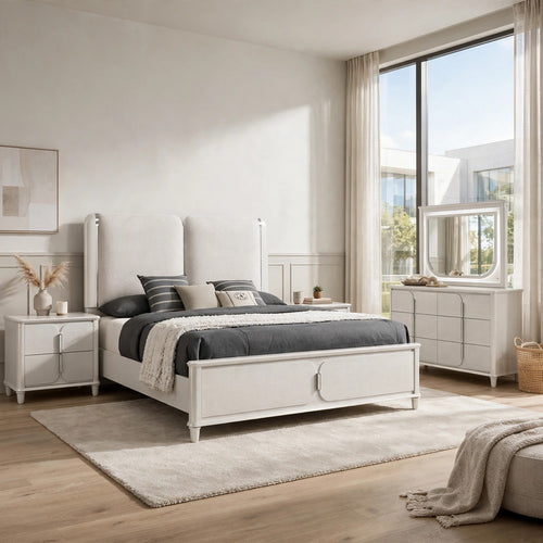 Queen Bedroom Set, Light Gray Pearl White, 5pc w 2 Nightstands