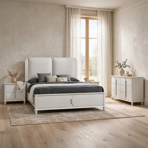 Queen Bedroom Set, Light Gray Pearl White, 4pc w 2 Nightstands, Dresser