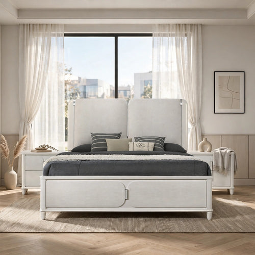 Queen Bedroom Set, Light Gray Pearl White, 3pc w 2 Nightstands