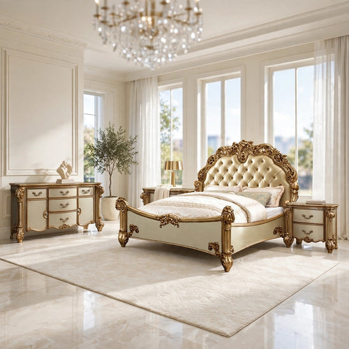 Cal King Bedroom Set, Gold White, 4pc w 2 Nightstands, Dresser
