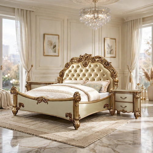 Cal King Bedroom Set, Upholstered Design, Gold White, 3pc w 2 Nightstands