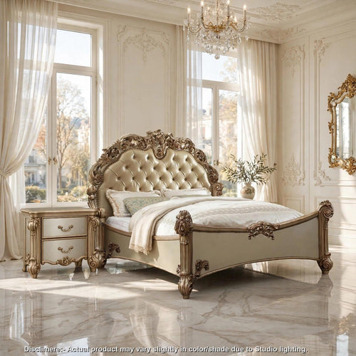 Cal King Bedroom Set, Upholstered Design, Gold White, 2pc w Nightstand