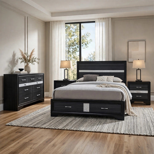 King Bedroom Set, Black Silver, 4pc w 2 Nightstands, Dresser