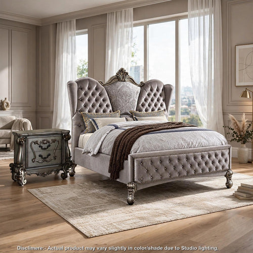 Cal King Bedroom Set, Upholstered Design, Gray, 2pc w Nightstand