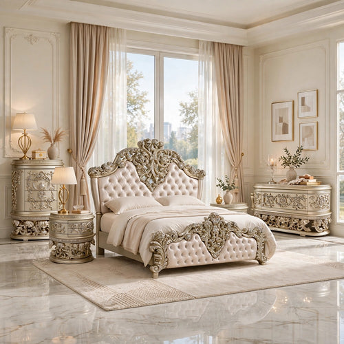 King Bedroom Set, Silver Gold, 5pc w 2 Nightstands, Dresser, Chest