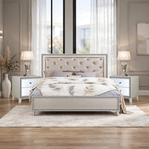 Cal King Bedroom Set, Upholstered Storage, Silver, 3pc w 2 Nightstands