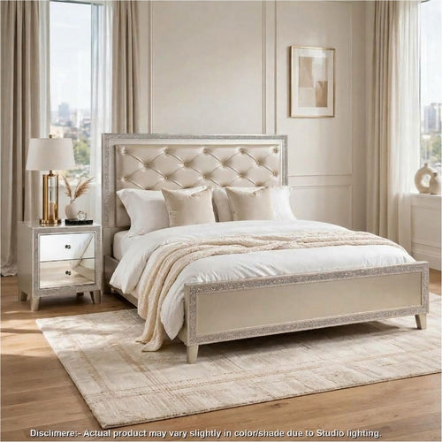 Cal King Bedroom Set, Upholstered Storage Design, Silver, 2pc w Nightstand