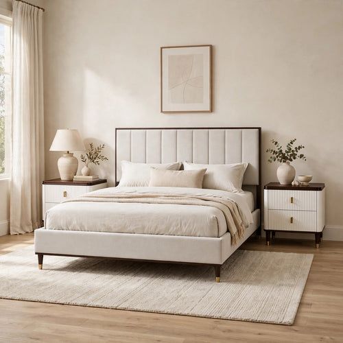 King Bedroom Set, Upholstered Design, White Brown, 3pc w 2 Nightstands
