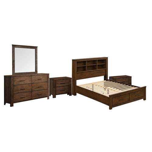 Queen Bedroom Set, Storage Design, Brown, 5pc w 2 Nightstands, Dresser, Mirror