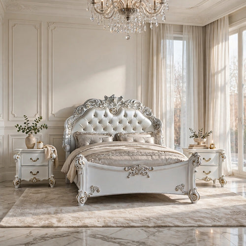 Cal King Bedroom Set, Upholstered Design, White, 3pc w 2 NS