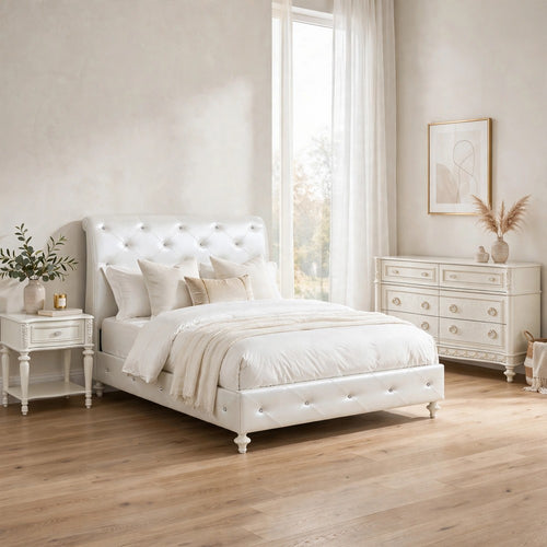 Full Bedroom Set, Pearl White Ivory, 3pc w Nightstand, Dresser