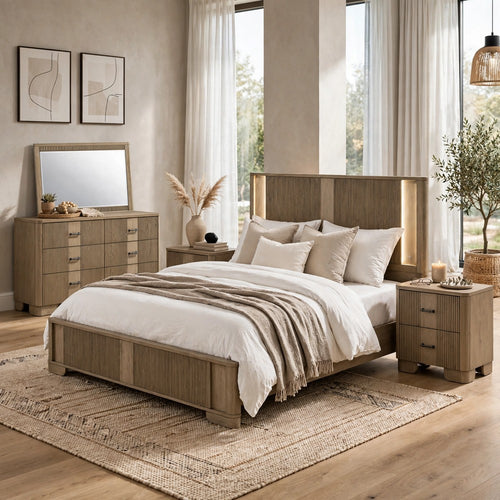 King Bedroom Set, LED Lighting, Oak Brown, 5pc w 2 NS, Dresser, Mirror