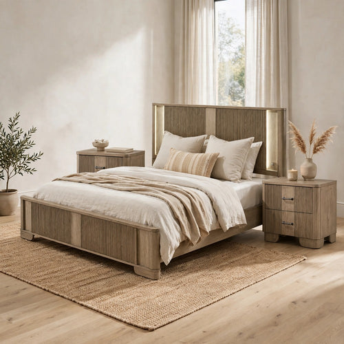King Bedroom Set, LED Lighting, Oak Brown, 3pc w 2 NS