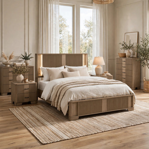 Queen Bedroom Set, LED Lighting, Oak Brown, 5pc w 2 NS, Dresser, Chest