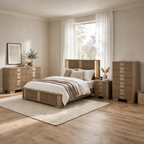 Queen Bedroom Set, LED Lighting, Oak Brown, 4pc w NS, Dresser, Chest