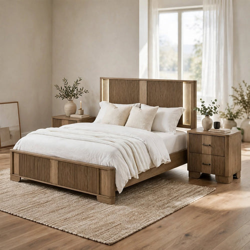 Queen Bedroom Set, LED Lighting, Oak Brown, 3pc w 2 NS