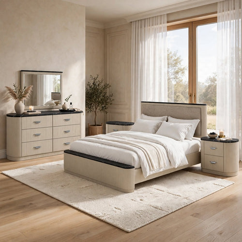 King Bedroom Set, Gray Beige, 5pc w 2 Nightstands, Dresser, Mirror