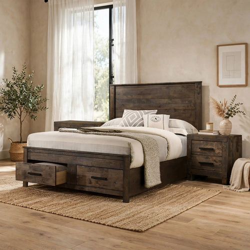 Queen Bedroom Set, Storage Design, Brown, Black, 3pc w 2 Nightstands