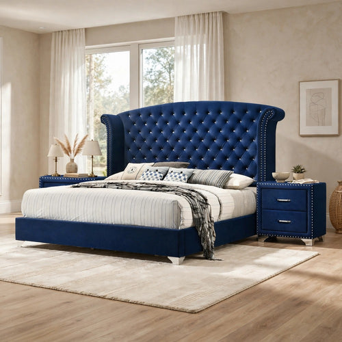 King Bedroom Set, Upholstered, Blue, Chrome, 3pc w 2 Nightstands