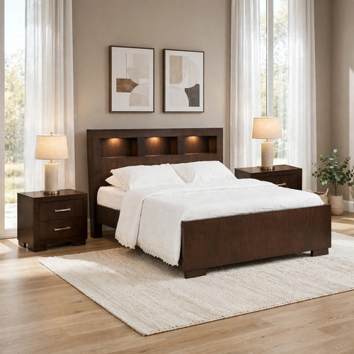 King Bedroom Set, Brown, Nickel Silver, 3pc w 2 Nightstands