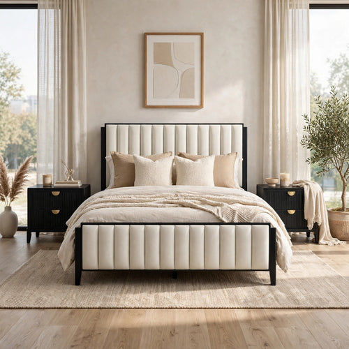 King Bedroom Set, Upholstered, Black, Ivory, 3pc w 2 Nightstands