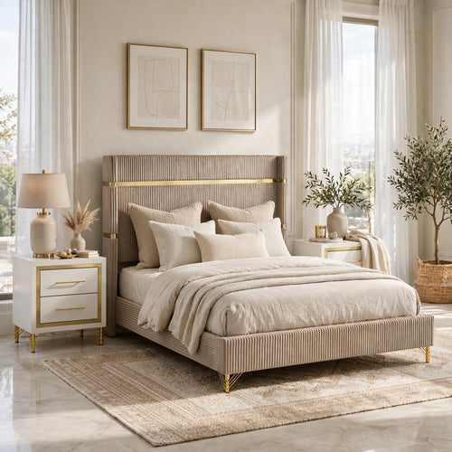 Queen Bedroom Set, Upholstered, Beige, Gold, 3pc w 2 Nightstands