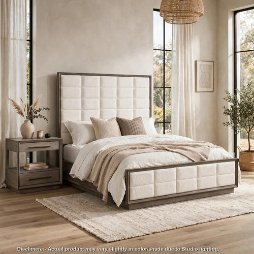 King Bedroom Set, Upholstered, Oak Brown, White, 2pc w Nightstand