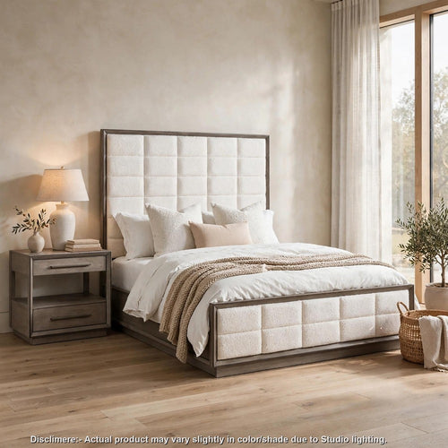 Cal King Bedroom Set, Upholstered, Oak Brown, White, 2pc w Nightstand