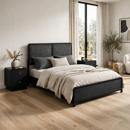 Queen Bedroom Set, Black, Charcoal Gray, 3pc w 2 Nightstands
