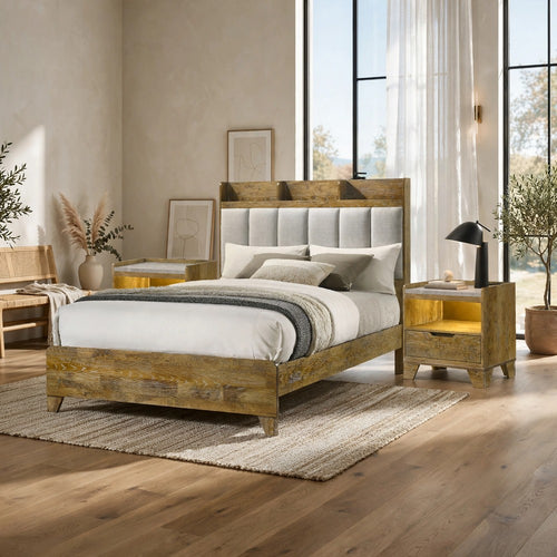 Queen Bedroom Set, Medium Oak Brown, Light Gray, 3pc w 2 Nightstands