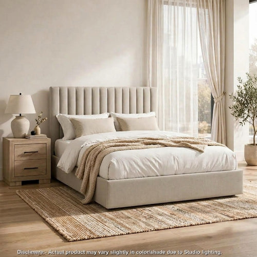 King Bedroom Set, Upholstered Storage, Light Tan Brown, 2pc w NS