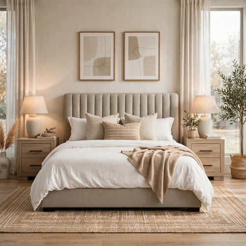 King Bedroom Set, Upholstered Storage, Light Tan Brown, 3pc w 2 NS