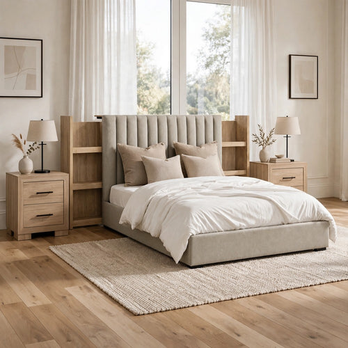 Queen Bedroom Set, Upholstered Storage, Light Tan Brown, 3pc w 2 NS