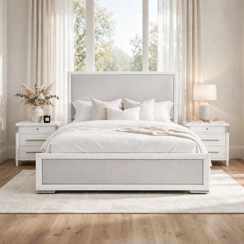 King Bedroom Set, Panel Design, White, Gray, 3pc w 2 Nightstands