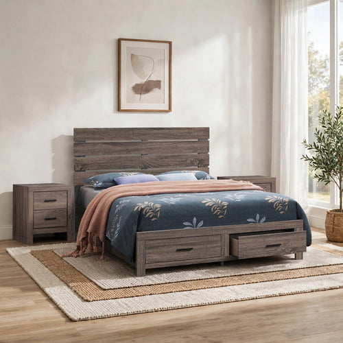 Queen Bedroom Set, Storage Design, Brown, 3 Piece Set with 2 Nightstands