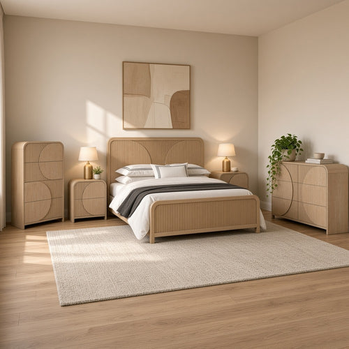 5pc King Bedroom Set, Natural Brown, 2 Nightstands, Dresser and Chest