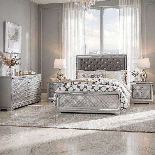 4-Piece Queen Bedroom Set, Silver & Gray, Includes Bed, 2 Nightstands & Dresser