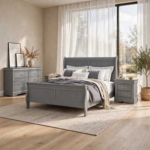 4pc Queen Bedroom Set, Gray and Nickel, 4 Piece Set with 2 Nightstands and Dresser
