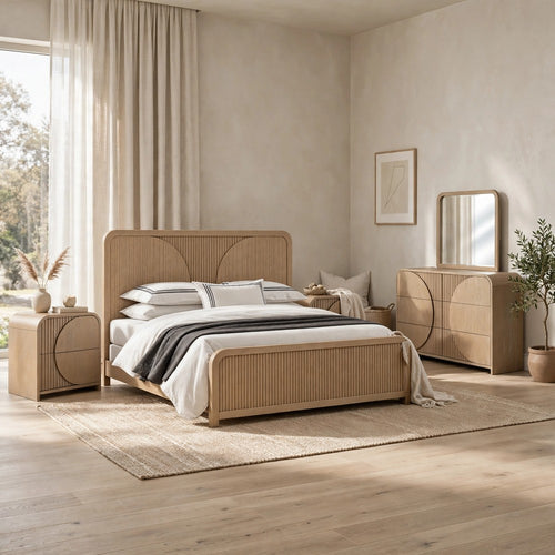 5pc Queen Bedroom Set, Natural Brown, 2 Nightstands, Dresser and Mirror