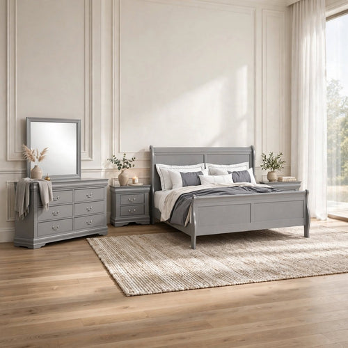 5pc Queen Bedroom Set, Gray and Nickel, 2 Nightstands, Dresser and Mirror