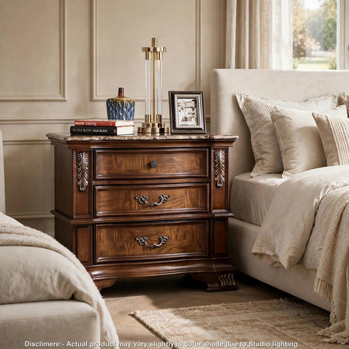 Prio Nightstand | Ornate Carvings | Marble Top | 3 Drawers | Cherry Brown