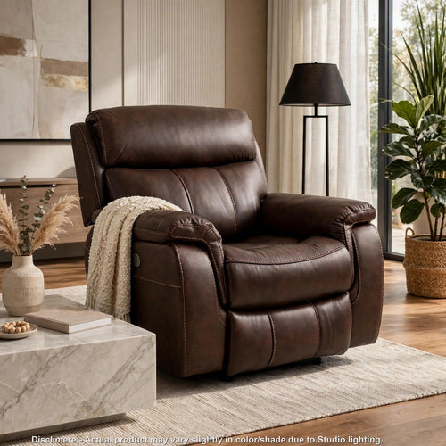 Runy Power Recliner | Adjustable Headrest | Brown Top Grain Leather