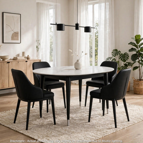 Maddy Round Dining Table | 47" White Sintered Stone Top | Black Wood