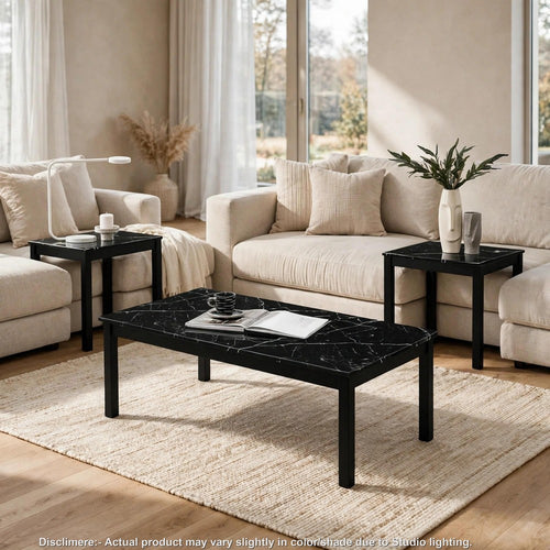 Traya 3Pc Accent Table Set with Solid Wood Legs | Black Faux Marble