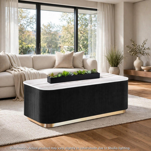 Viren Cocktail Table | Gold Accent | Marble Top | Black Reeded Base | 48"