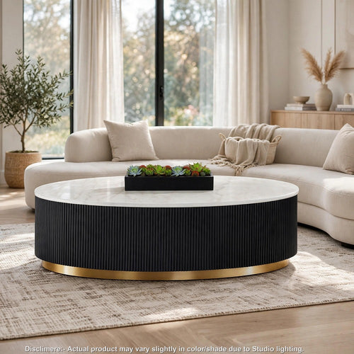 Viren Cocktail Table | Gold Accent | Marble Top | Black Reeded Base | 50"